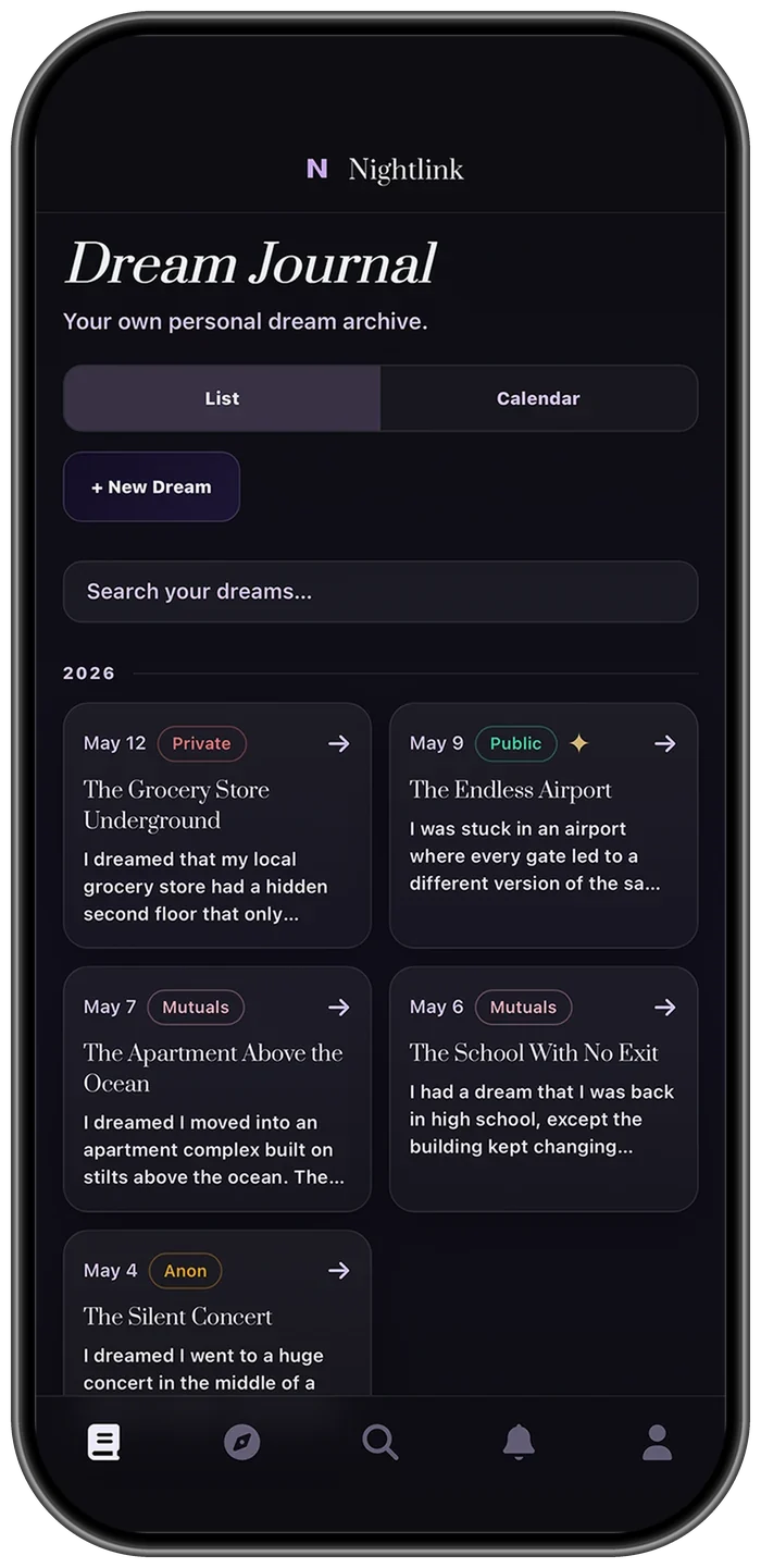 Nightlink dream journal listing entries with private, public, mutuals, and anonymous labels