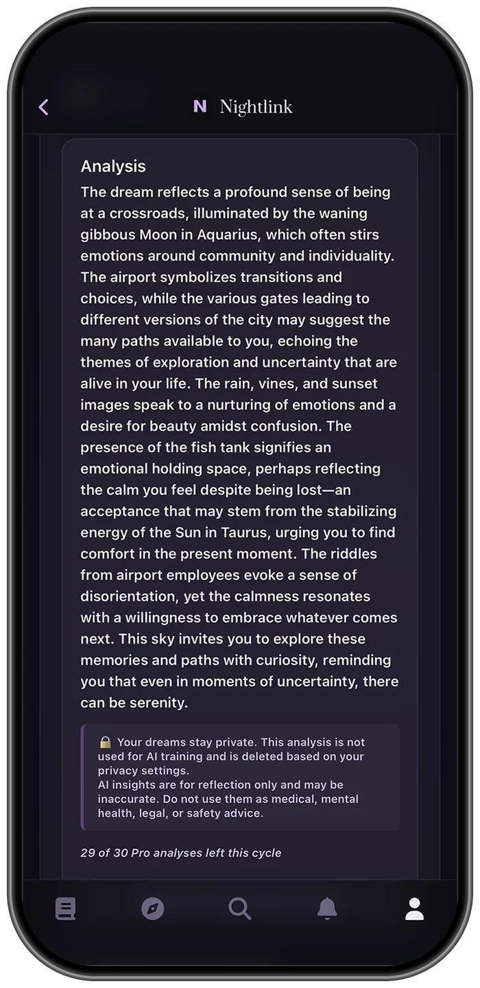 Nightlink AI analysis of a dream, with a privacy notice and remaining Pro credits