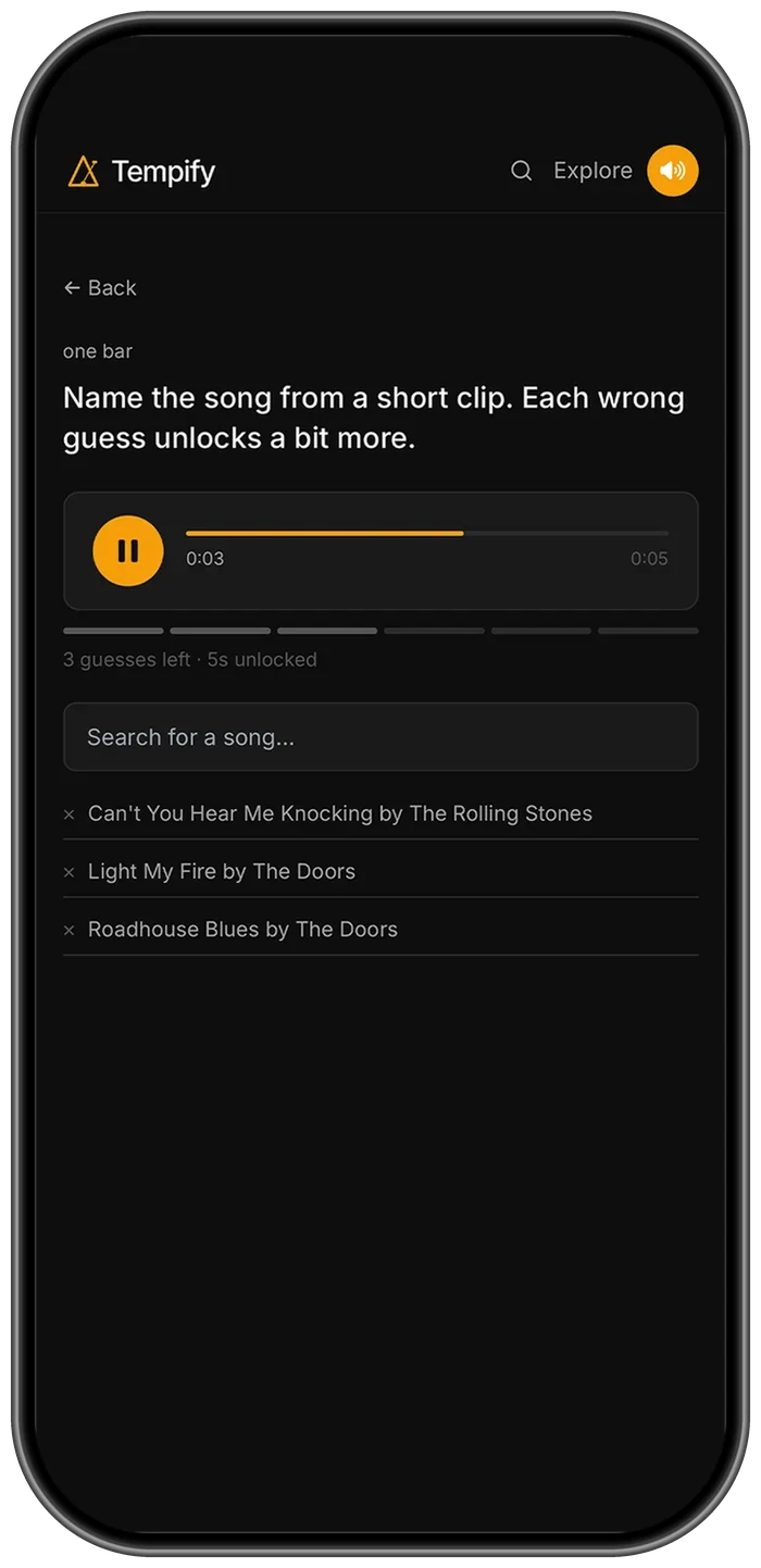 One Bar game with a partially unlocked audio clip and a song search field