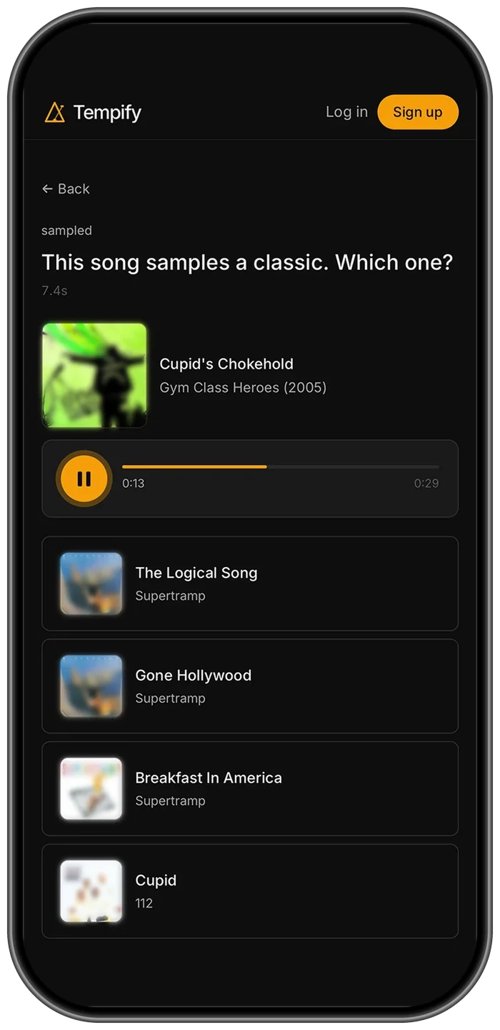 Sampled game asking which classic record a song sampled, with four choices